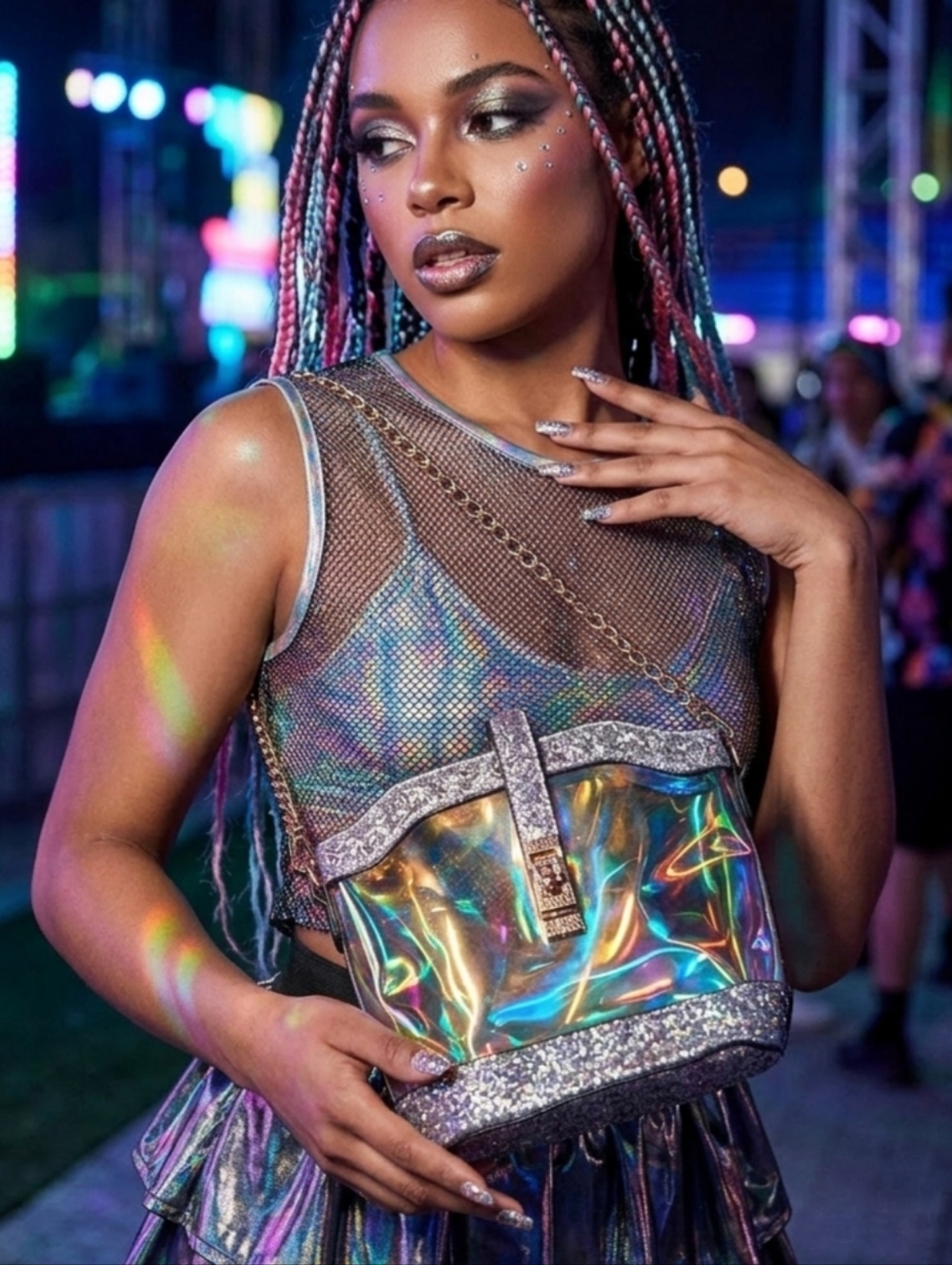 Y2k Iridescent Holographic Crossbody Bag with Gold Chain